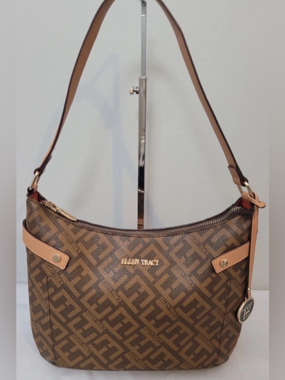 Ellen Tracy Brown Monogram Shoulder Bag Coated Canvas Tan Trim